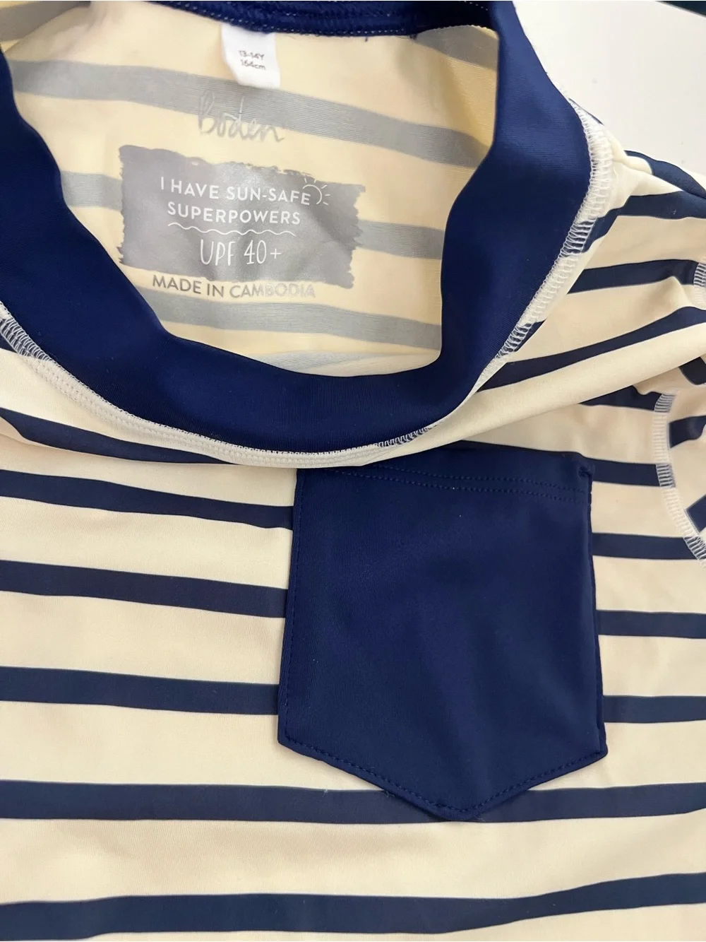 Mini Boden Kids 13-14Y Navy Cream Striped Rash Guard UPF 40+ Swim Shirt